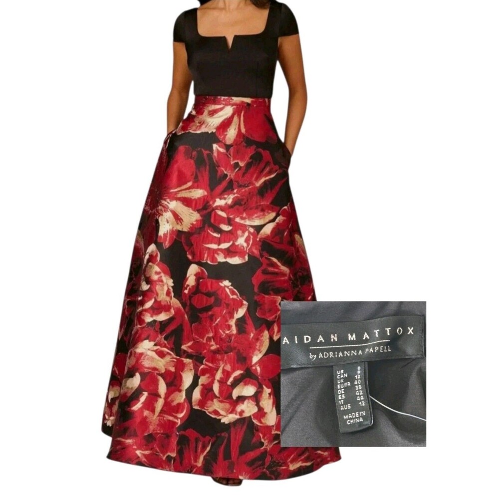 Aidan Mattox Adrianna Papell Sz 8 Red Black Floral Jacquar Formal Gown Dress